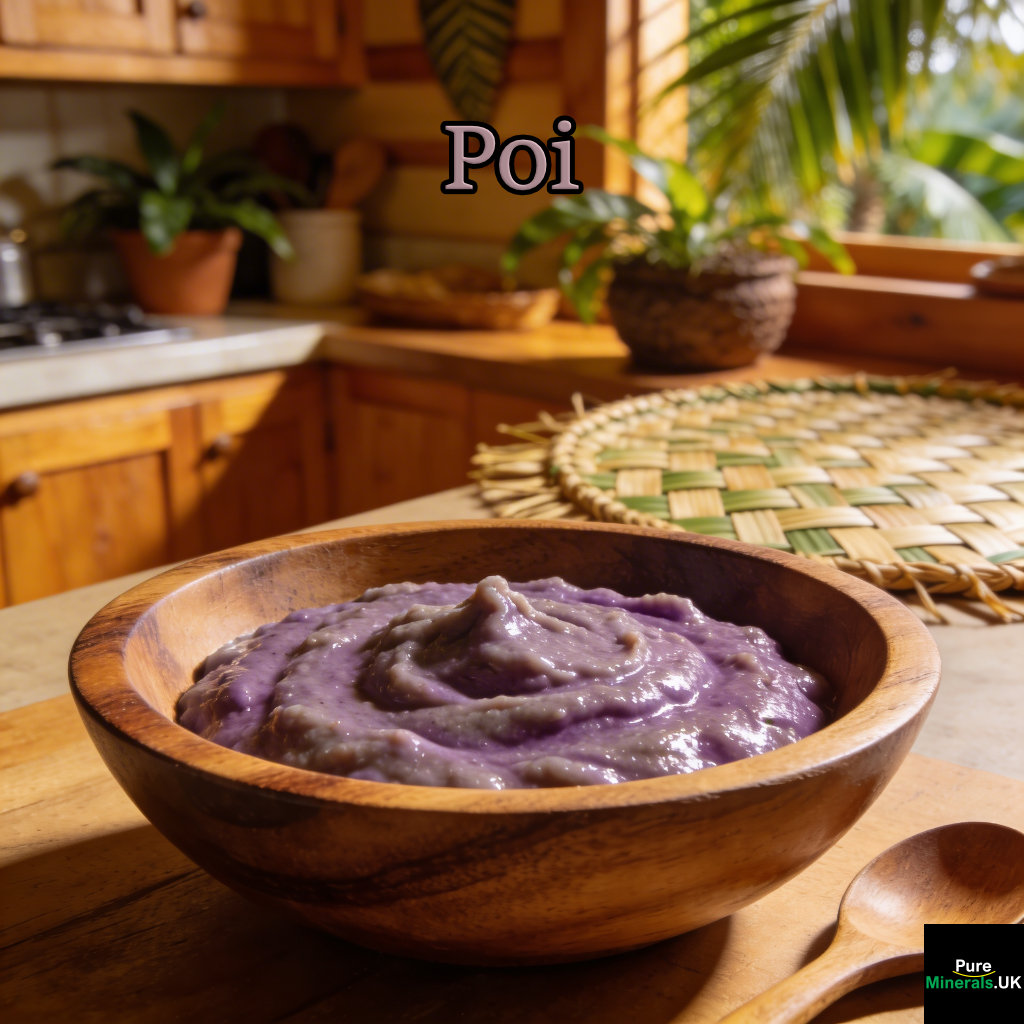 A traditional Hawaiian taro dish with a smooth purple-gray texture, served in a wooden bowl in a warm Hawaiian kitchen.