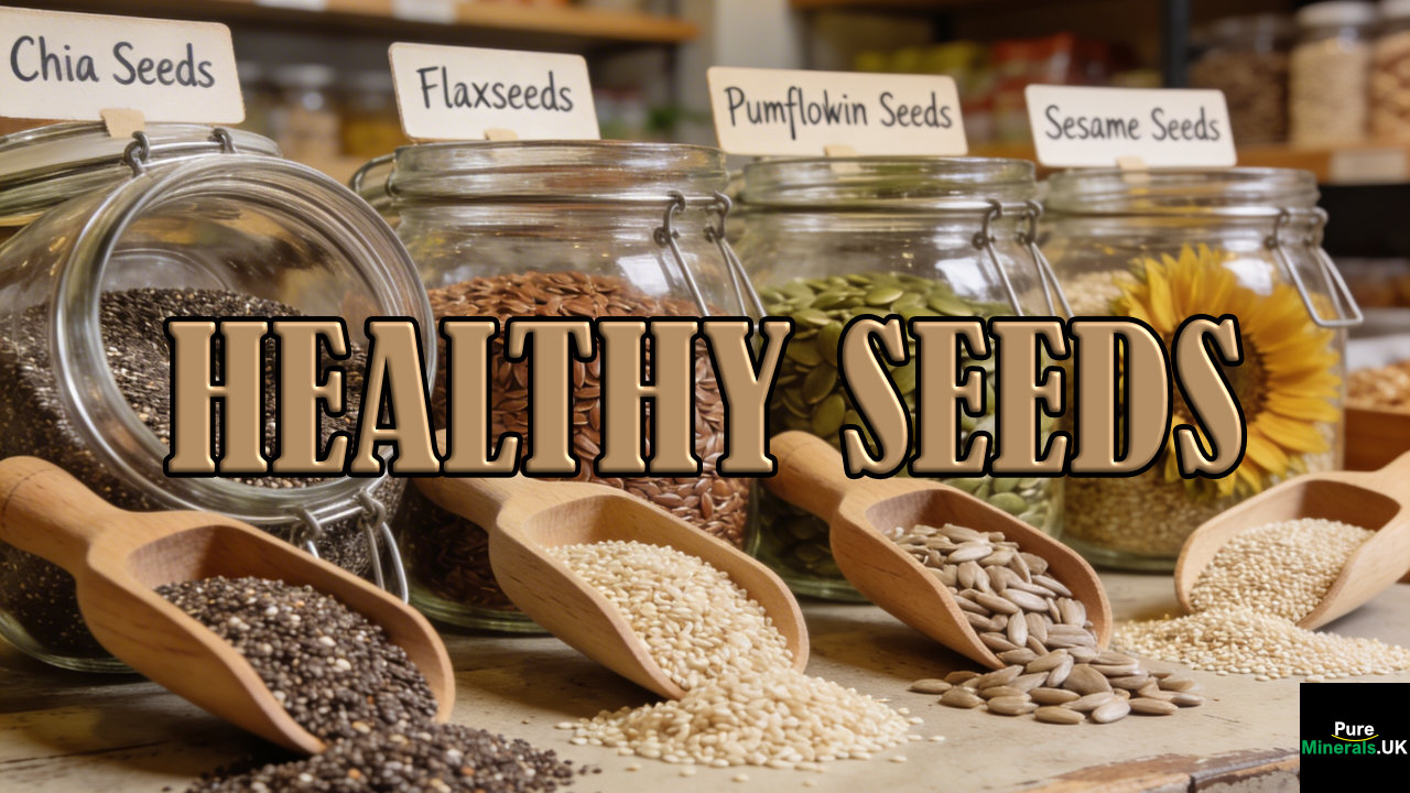 Healthy seeds on sale in a health food shop.