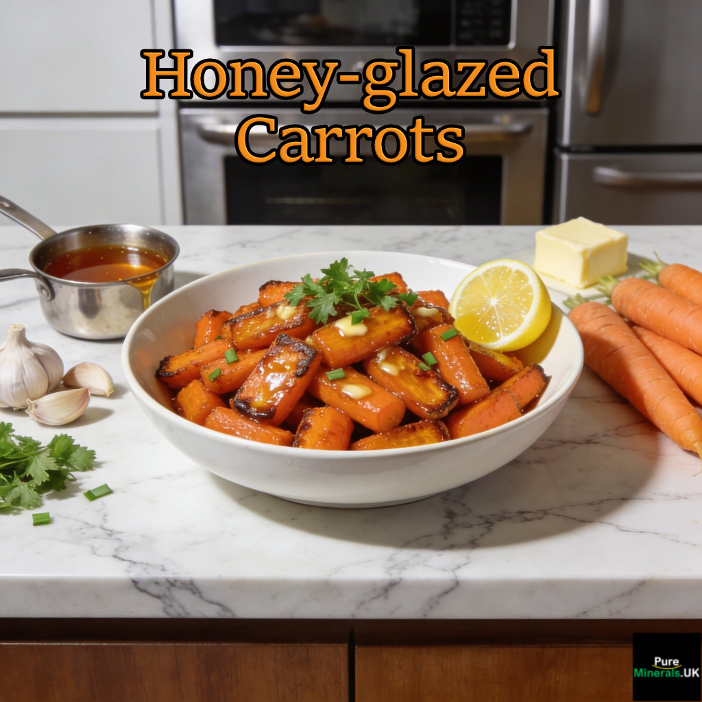 Roasted honey-garlic glazed carrot pieces garnished with parsley in a bowl on a modern kitchen countertop.