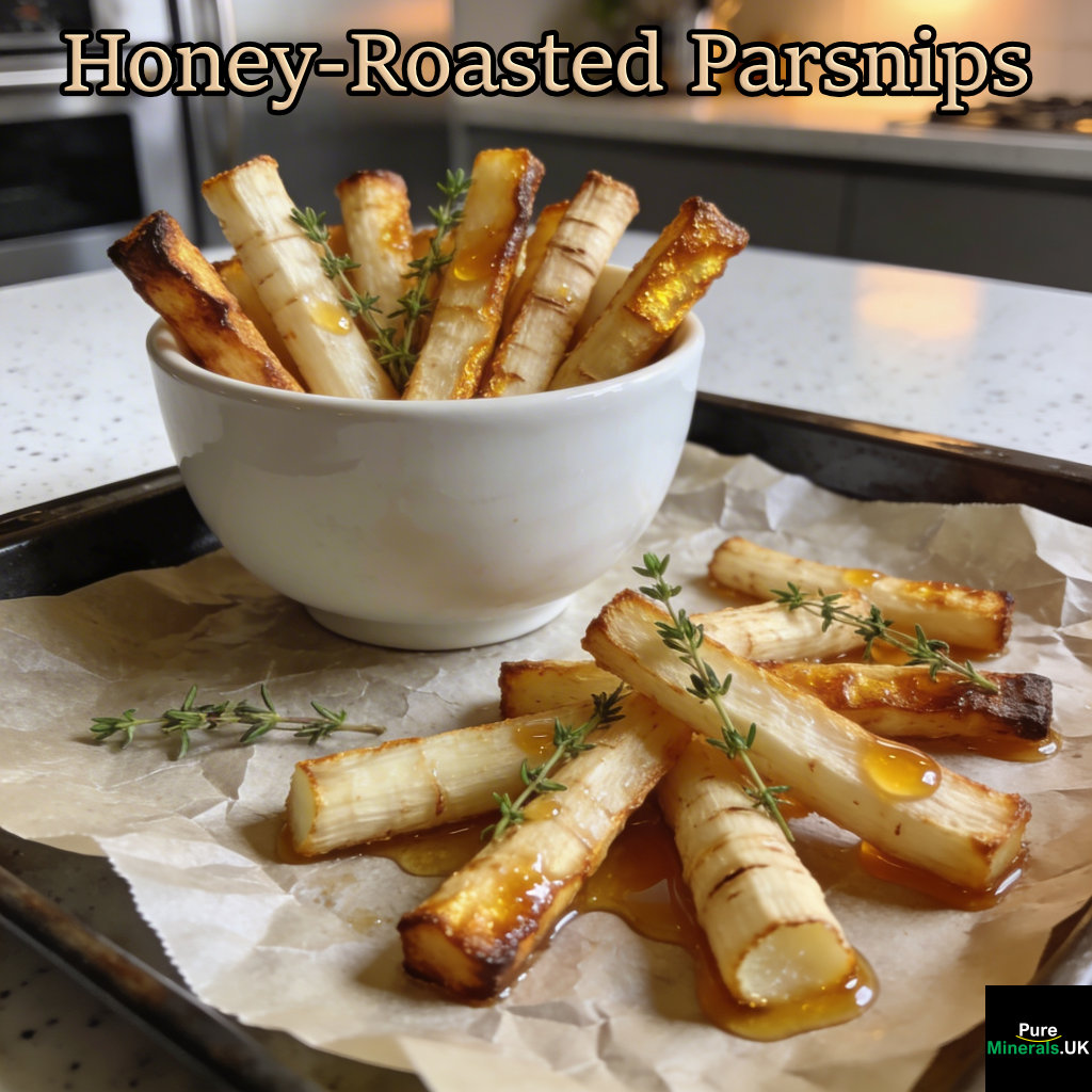 Caramelized honey-roasted parsnip batons with crispy golden edges, garnished with fresh thyme, served in a bowl beside a parchment-lined baking tray in a sleek, modern kitchen with soft natural lighting.