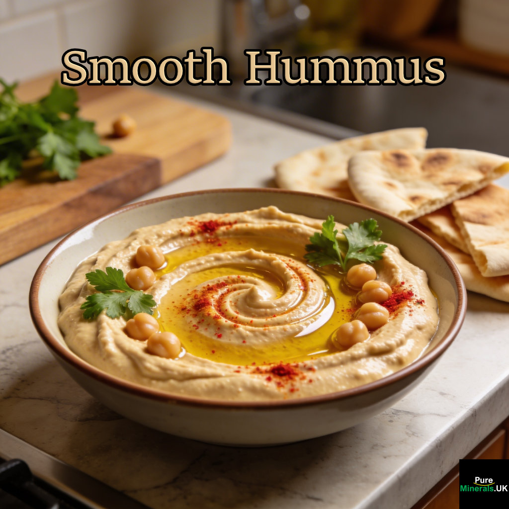 A bowl of smooth hummus topped with olive oil, paprika, chickpeas, and parsley, served on a kitchen countertop with pita bread nearby.
