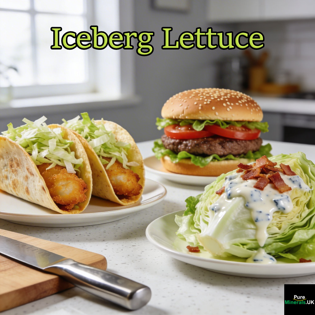 Fish tacos, a burger, and an iceberg wedge salad topped with blue cheese dressing, all featuring crunchy shredded iceberg lettuce on a kitchen counter.