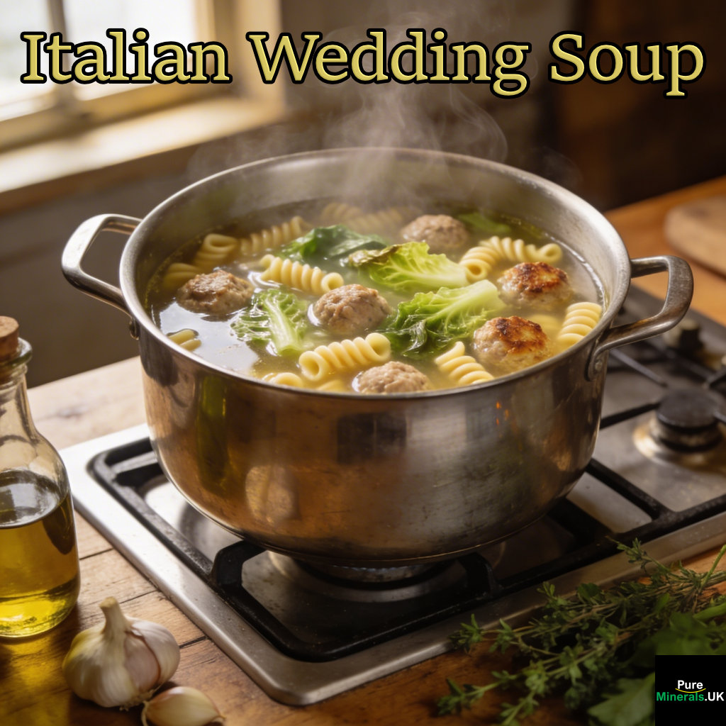 Pot of Italian wedding soup with meatballs, pasta, and tender escarole leaves simmering on a stovetop in a rustic Italian kitchen.
