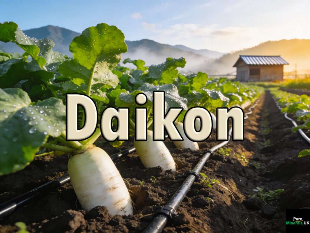 Rows of daikon radishes growing in a commercial Japanese farm, with long white roots partly visible above soil and green leafy tops under morning sunlight.