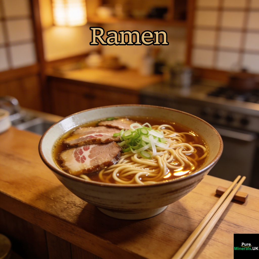 A bowl of Japanese ramen with rich broth, noodles, sliced pork, and a garnish of thinly sliced scallions, served on a wooden counter with chopsticks in a softly lit traditional Japanese kitchen.