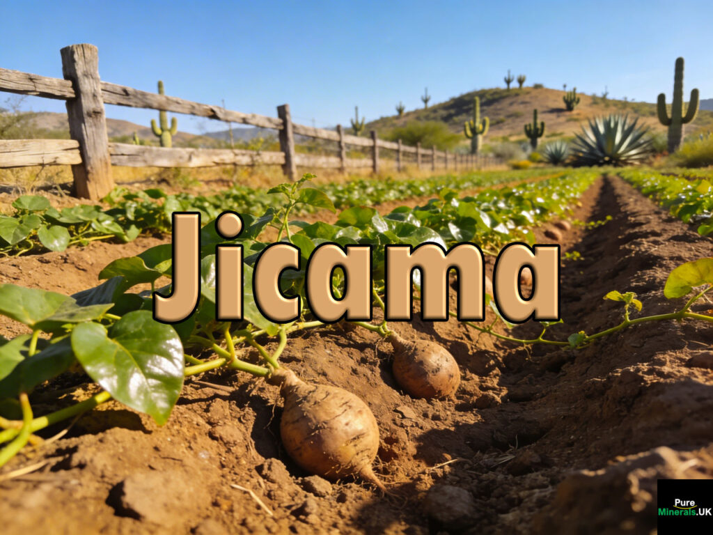Rows of jicama plants with leafy vines growing in cultivated soil on a sunny Mexican farm, with round roots forming underground.