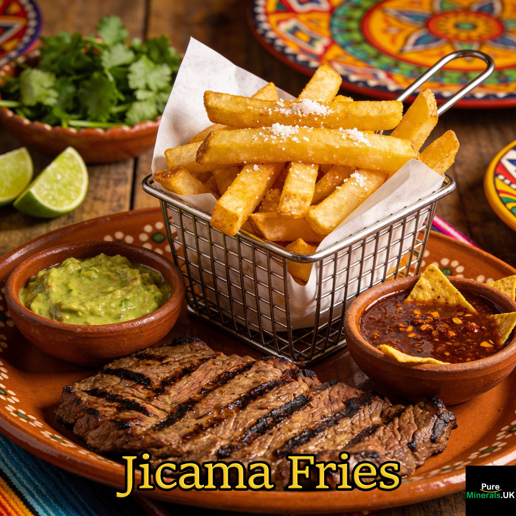 Basket of crispy jicama fries with grilled carne asada and creamy dipping sauces on a rustic table in a Mexican restaurant.