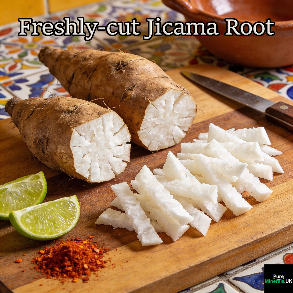 Whole jicama roots and freshly sliced white jicama wedges on a wooden cutting board in a colorful Mexican kitchen with lime and chili powder nearby.