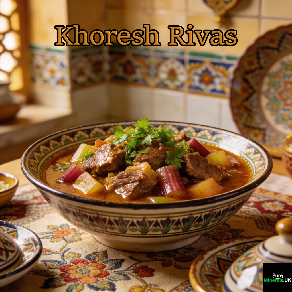 Khoresh Rivas, a Persian lamb and rhubarb stew with tender meat, herbs, and rhubarb pieces in a rich sauce, served in a traditional bowl in a Persian kitchen with decorative tiles