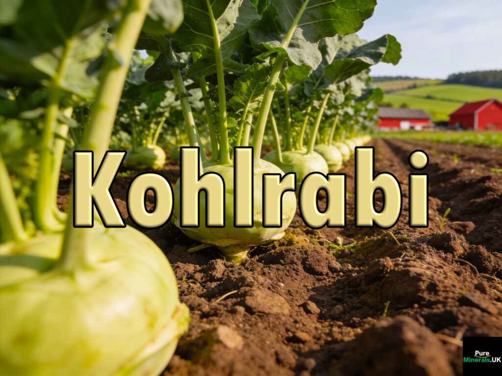 Rows of mature kohlrabi plants with round green bulbs growing above the soil in a cultivated German farm field.