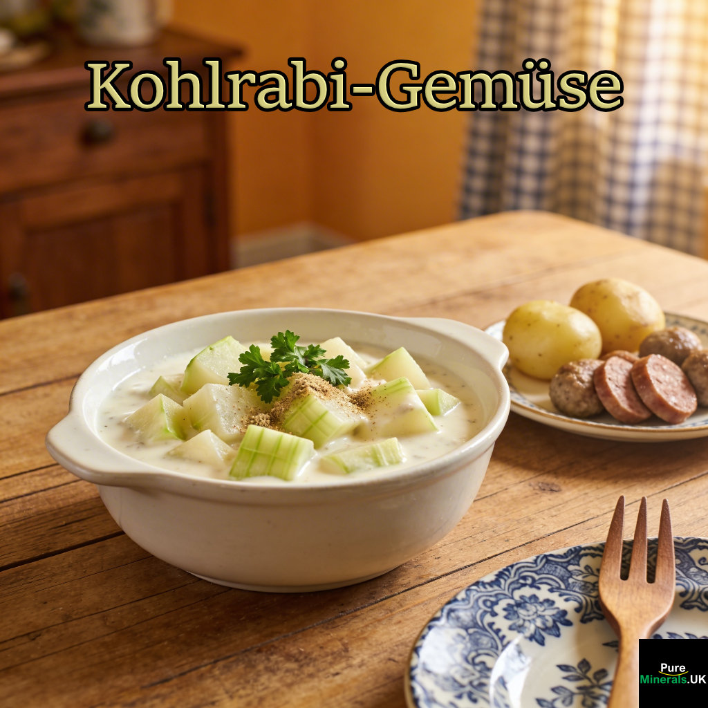Bowl of German kohlrabi-gemüse with diced kohlrabi in creamy white sauce garnished with parsley, served with potatoes and meat on a dining table.