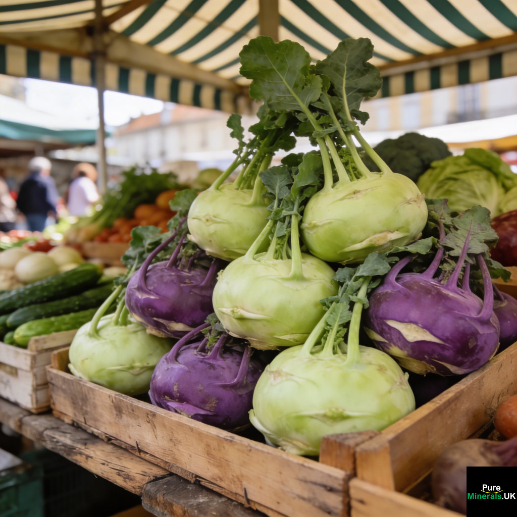 Fresh green and purple kohlrabi bulbs with leafy stems displayed in wooden crates at a German outdoor market stall.