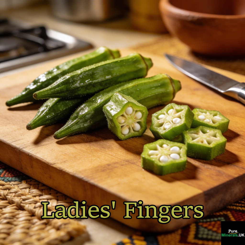 Whole okra pods and sliced okra pieces showing white seeds on a cutting board in a Nigerian kitchen.