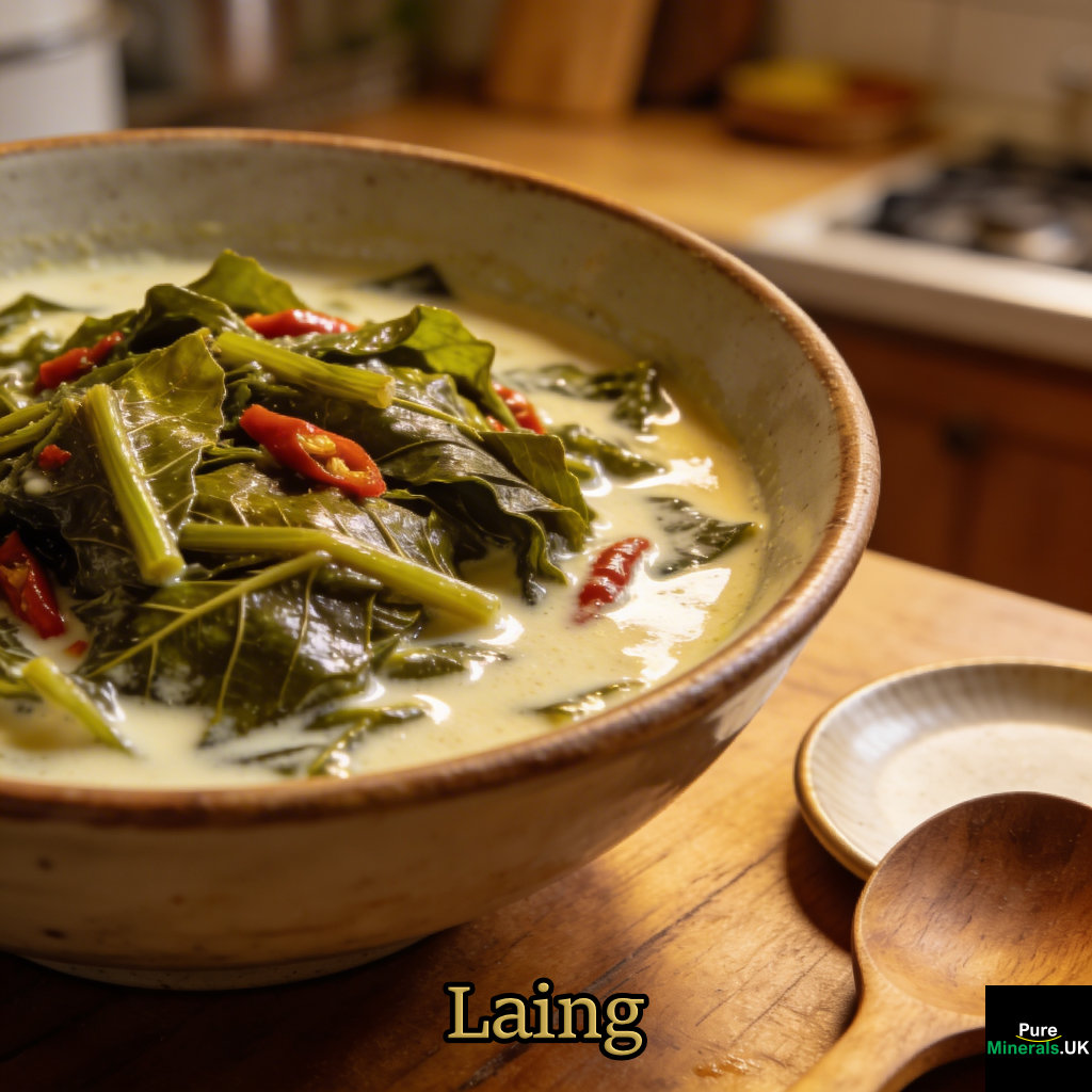Laing, a Filipino dish of taro leaves cooked in coconut milk with chili, showing a creamy green texture with visible chili pieces, served in a bowl in a Philippine kitchen.