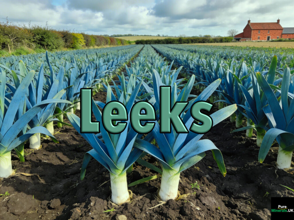 Long rows of mature leeks with tall blue-green leaves growing in a Lincolnshire farm field ready for harvest.