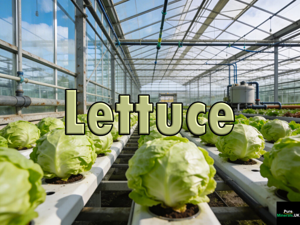 Rows of iceberg lettuce heads growing in a large commercial greenhouse in the UK under diffused daylight.