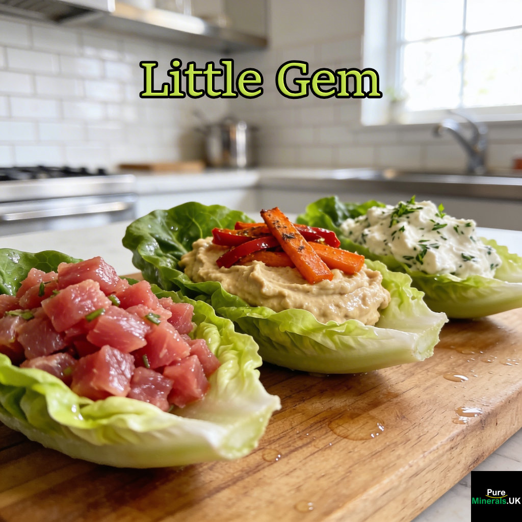 Little Gem lettuce leaves used as appetizer cups filled with tuna tartare, hummus with roasted vegetables, and herbed ricotta on a kitchen counter.