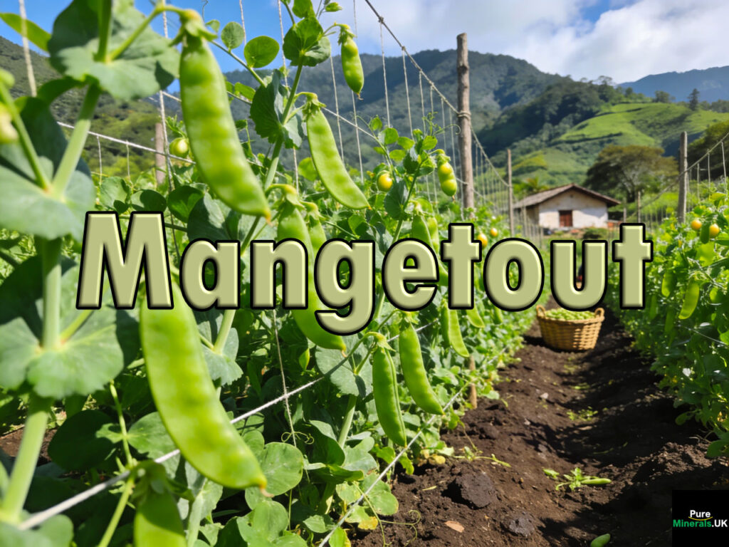 Rows of mangetout (snow pea) vines with flat green pods growing on trellises in a Guatemalan farm field ready for harvest.