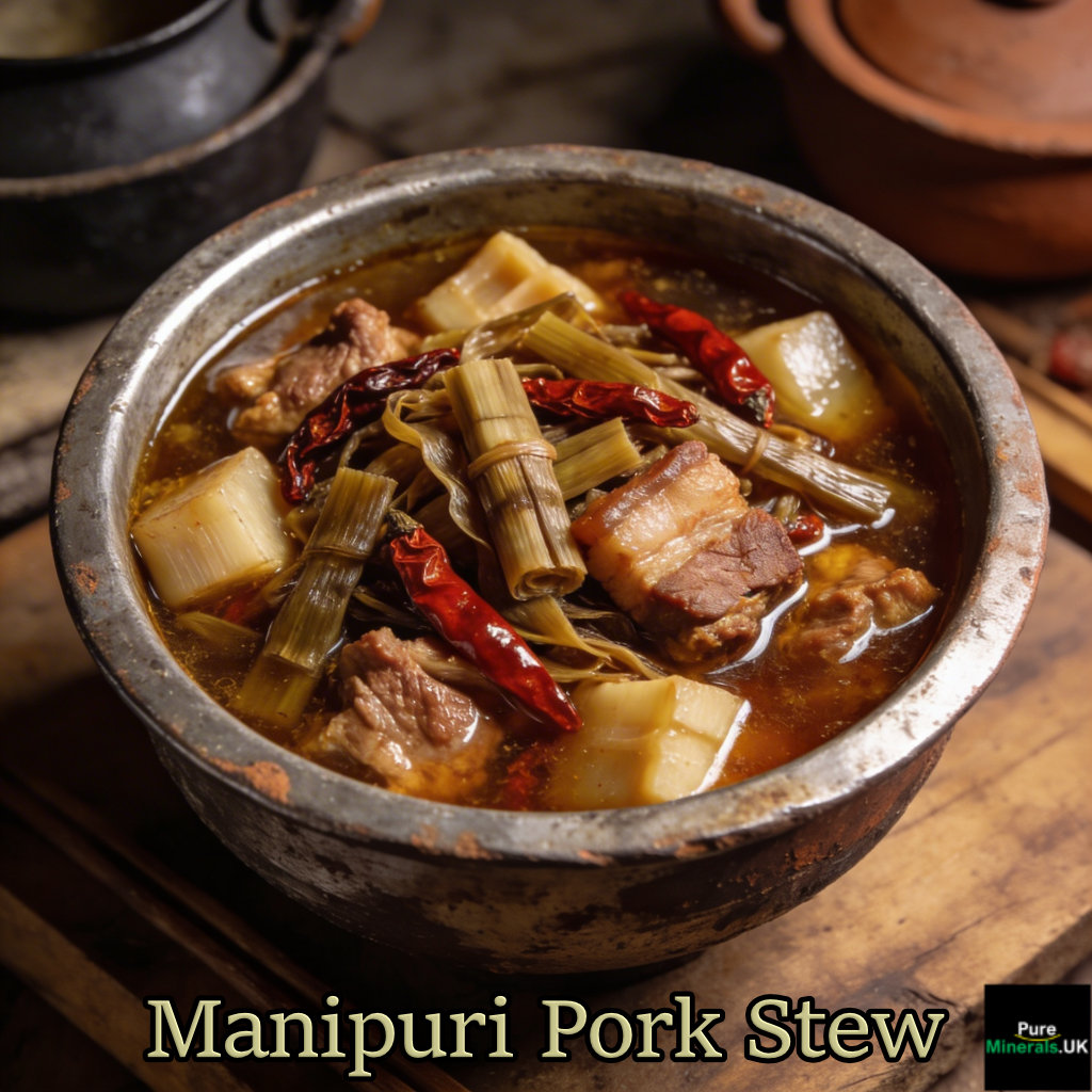 Bowl of Manipuri pork stew with fermented bamboo shoots and dried red chilies in a rustic Manipuri kitchen setting.