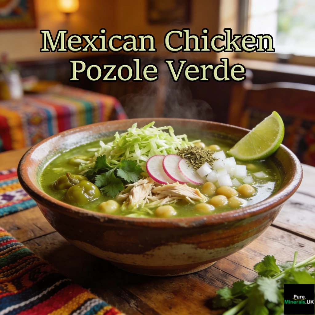 Mexican Chicken Pozole Verde on a dining table in a Mexican dining room setting.