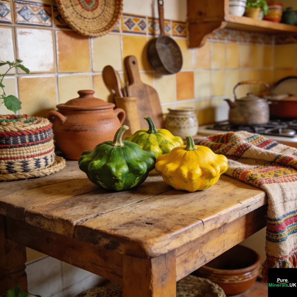 Green and yellow pattypan squash on a rustic wooden table in a traditional Mexican kitchen with clay pottery, woven textiles, and warm natural light.