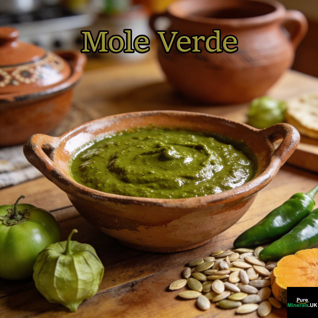 Mole verde, a thick vibrant green sauce made from tomatillos, herbs, and pumpkin seeds, served in a rustic bowl on a wooden table in a Mexican kitchen with fresh ingredients nearby.
