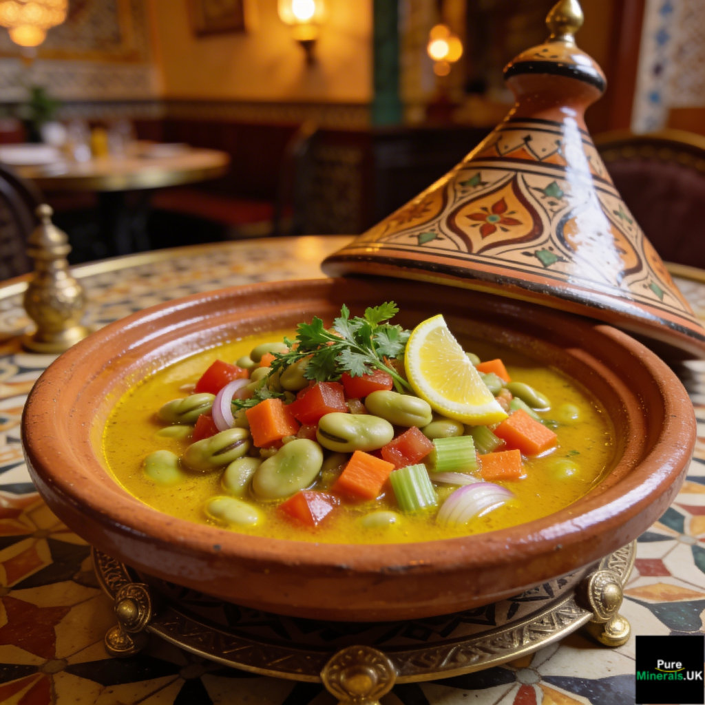 Bowl of Moroccan fava bean and vegetable soup in a golden turmeric broth served in a traditional ceramic bowl with lemon wedge.