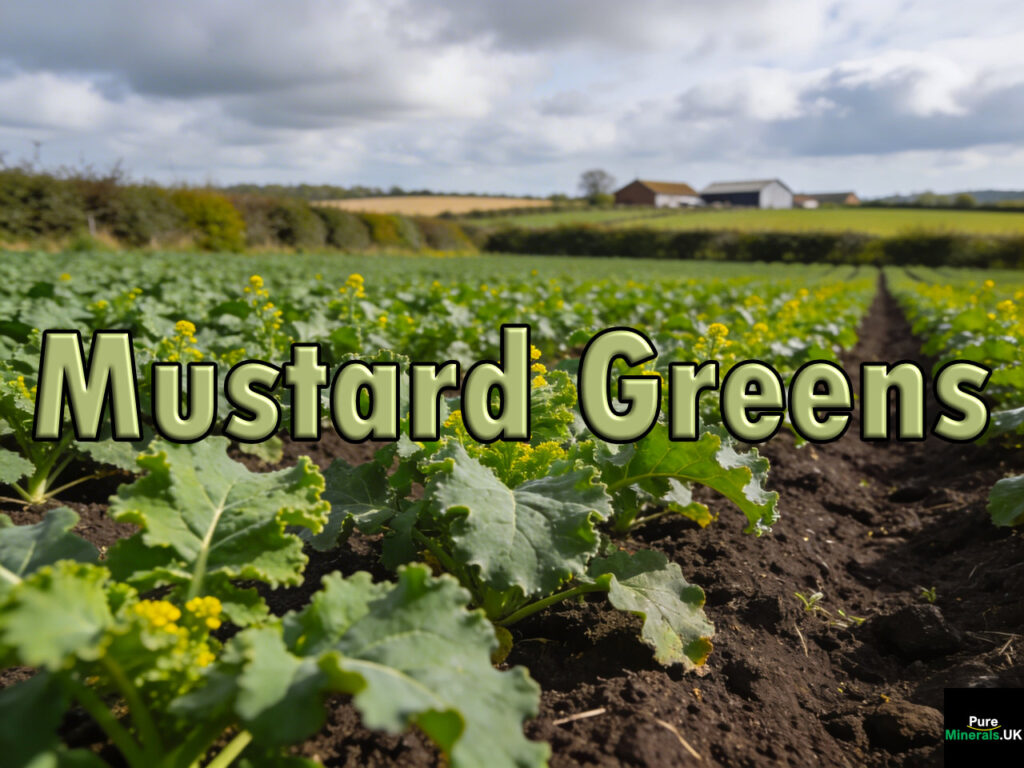Rows of mustard greens with leafy green plants growing in a farm field in eastern England under a cloudy sky.