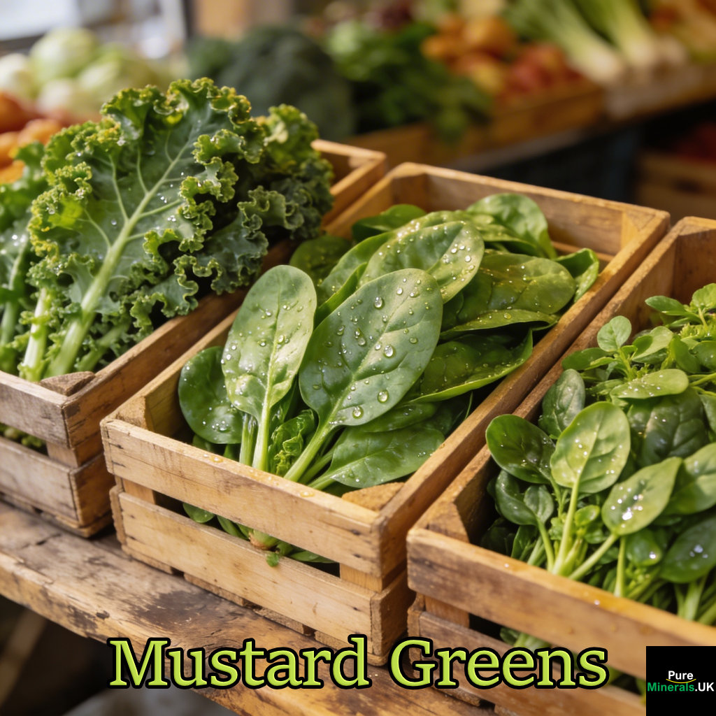 Curly-leaf, flat-leaf, and mustard spinach greens freshly harvested and displayed in wooden crates at a market stall.