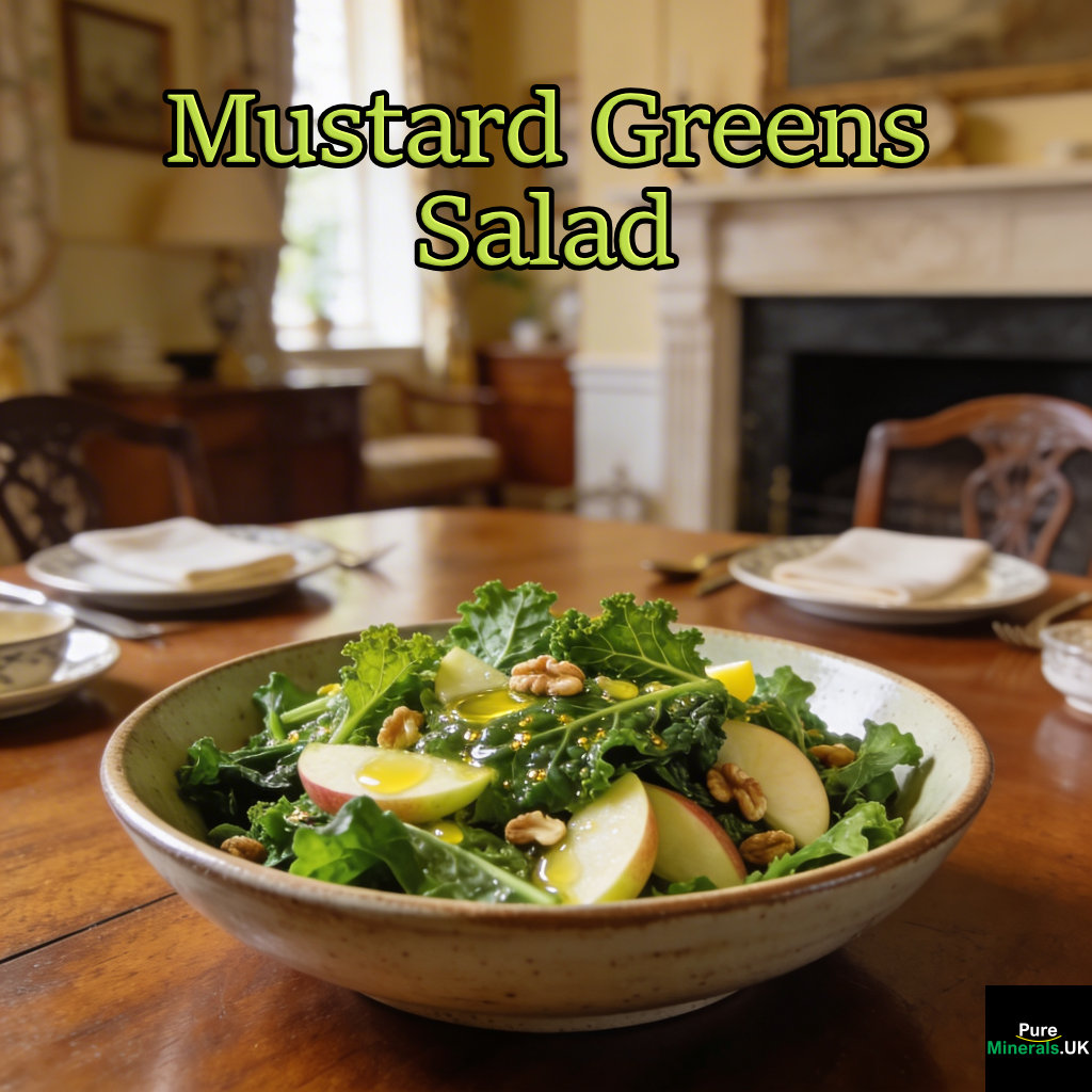 Bowl of mustard greens salad with apple slices and nuts, lightly dressed with olive oil and lemon, on a wooden table in an English dining room.