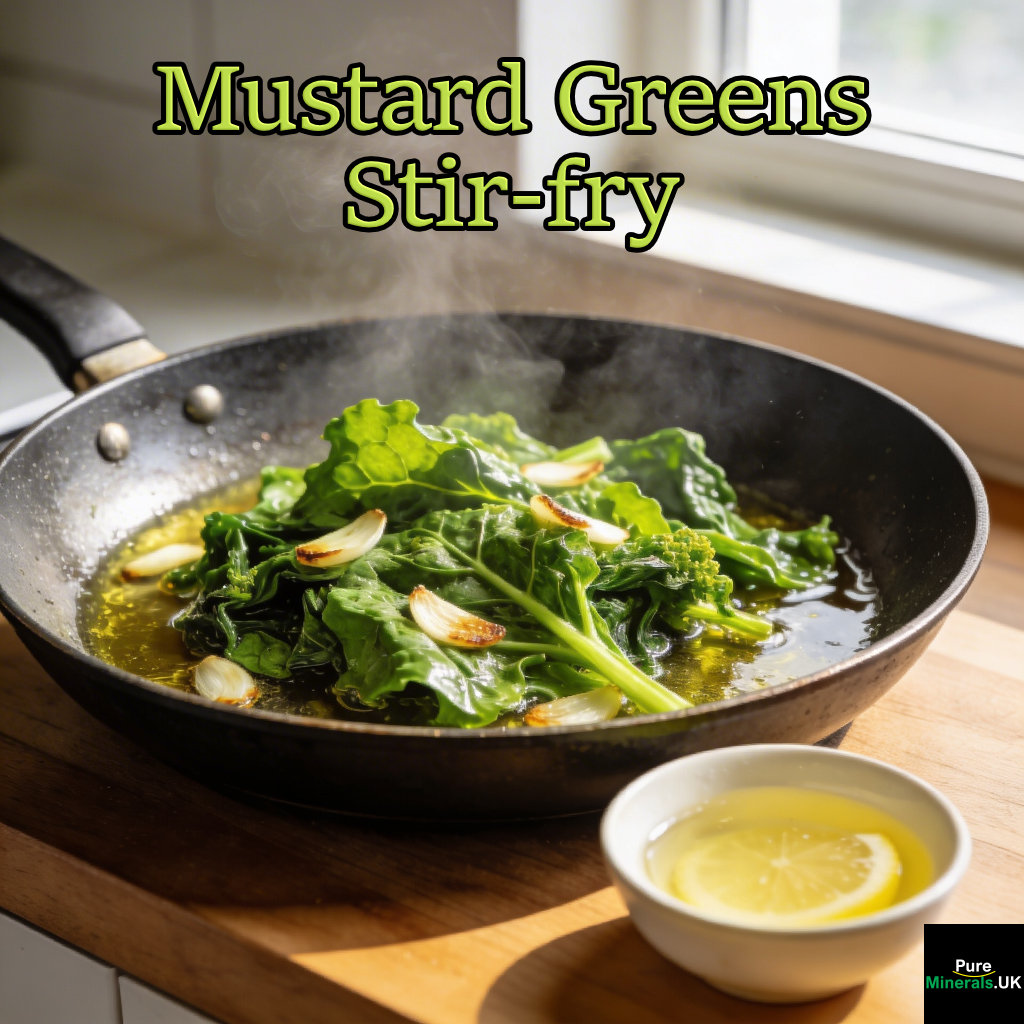 Skillet of mustard greens stir-frying with sliced garlic and oil, lightly wilted with steam rising on a kitchen stovetop.