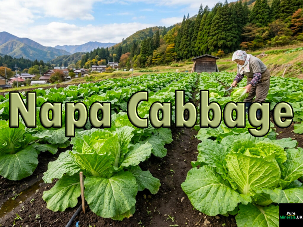 Rows of growing Napa cabbage in a rural Japanese farm field. An elderly woman is harvesting a cabbage in the background.