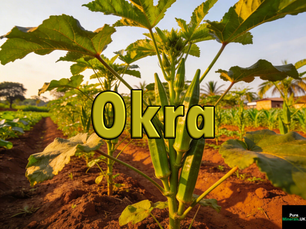 Rows of okra plants with green ridged pods growing upright in a sunny Nigerian plantation.