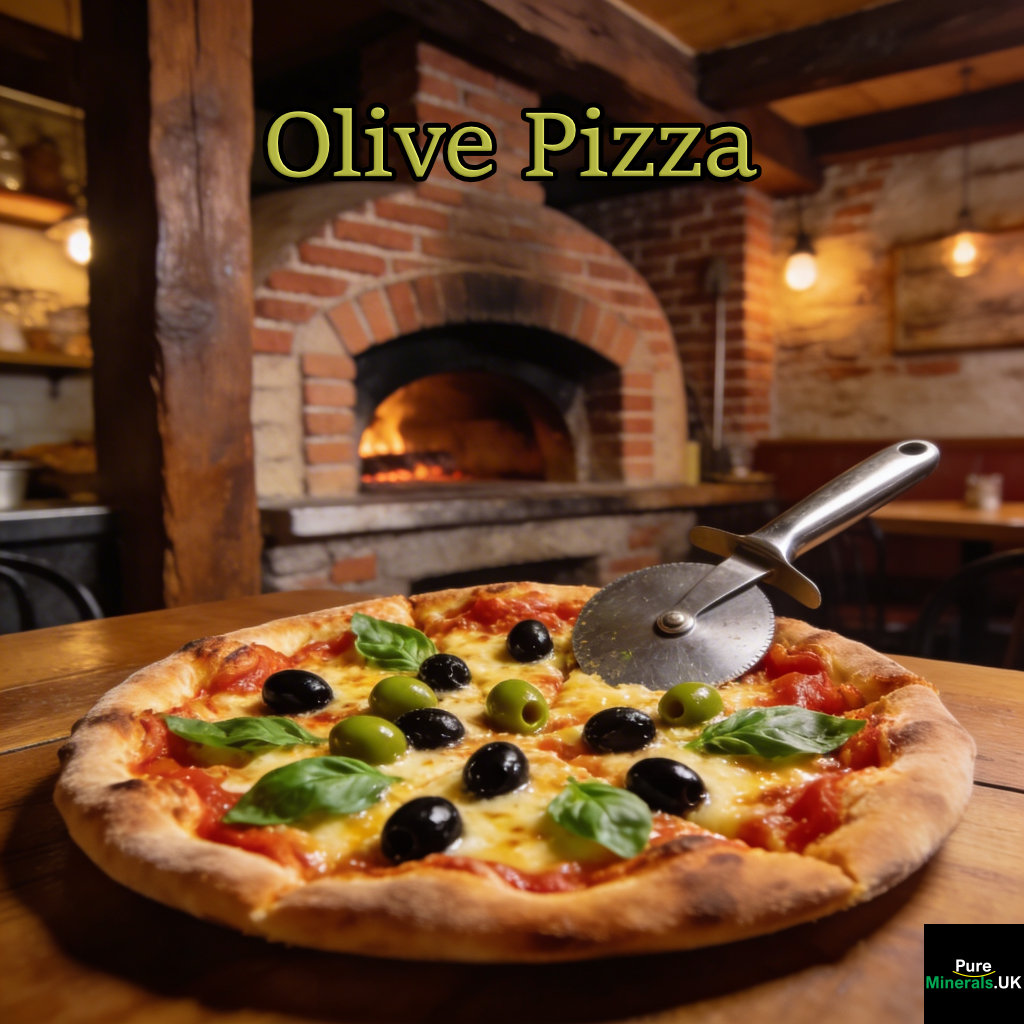Thin-crust pizza topped with black and green olives, melted cheese, and tomato sauce on a wooden table in a pizzeria.
