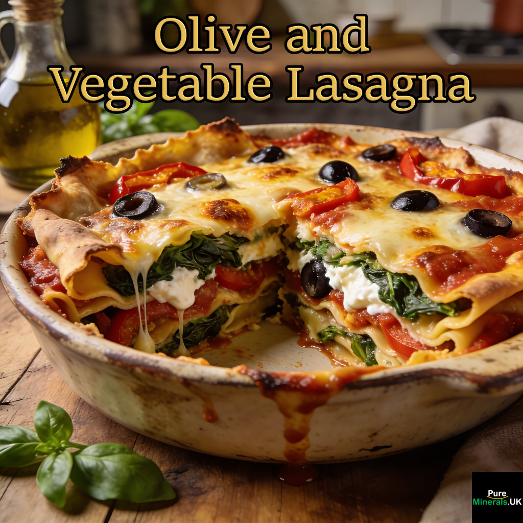 Baked olive and vegetable lasagna with visible layers of pasta, spinach, roasted peppers, olives, and melted mozzarella in an Italian kitchen.