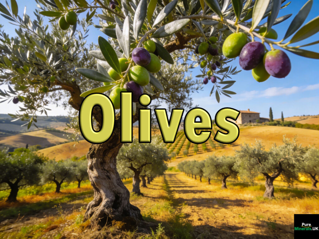Olive trees with green and purple olives growing in rows across a sunlit Italian grove with rolling hills in the background.