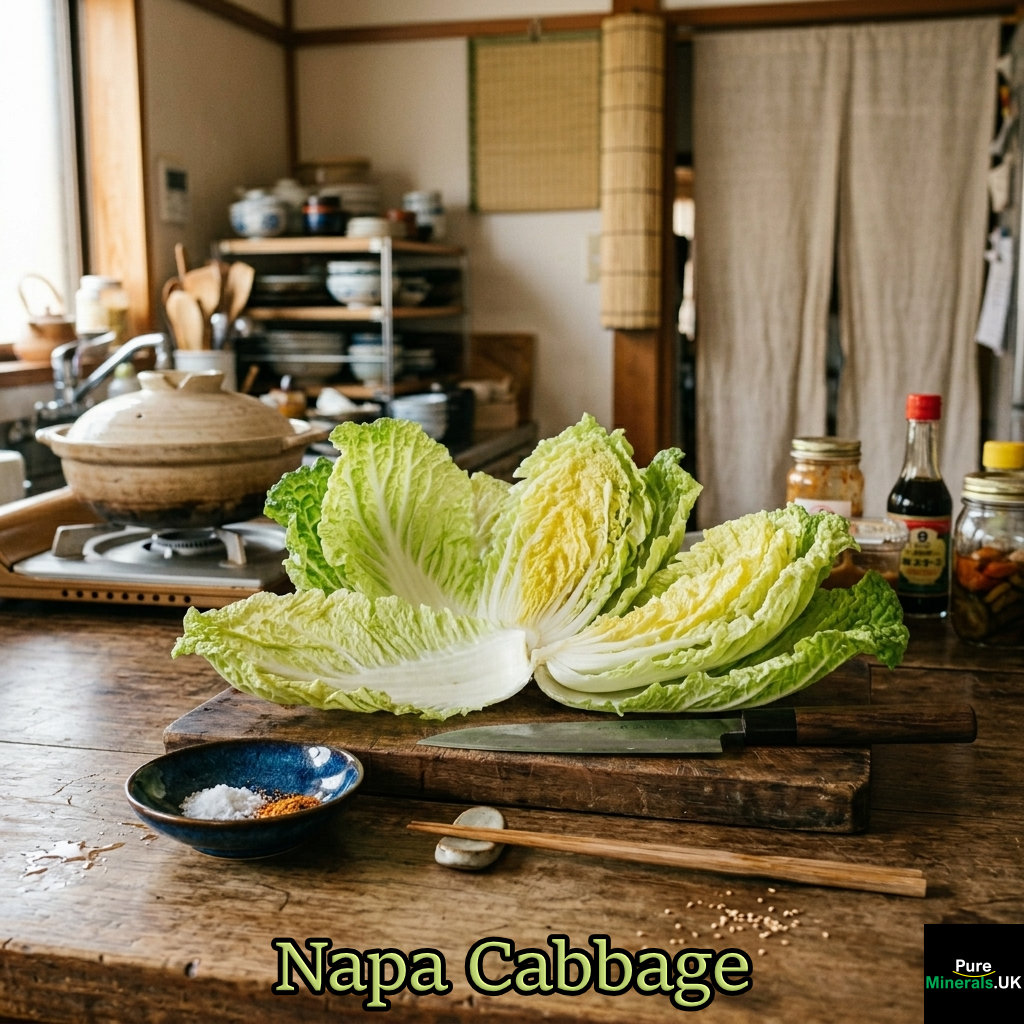 A head of Napa cabbage cut and opened on a rustic wooden cutting board in a Japanese kitchen.