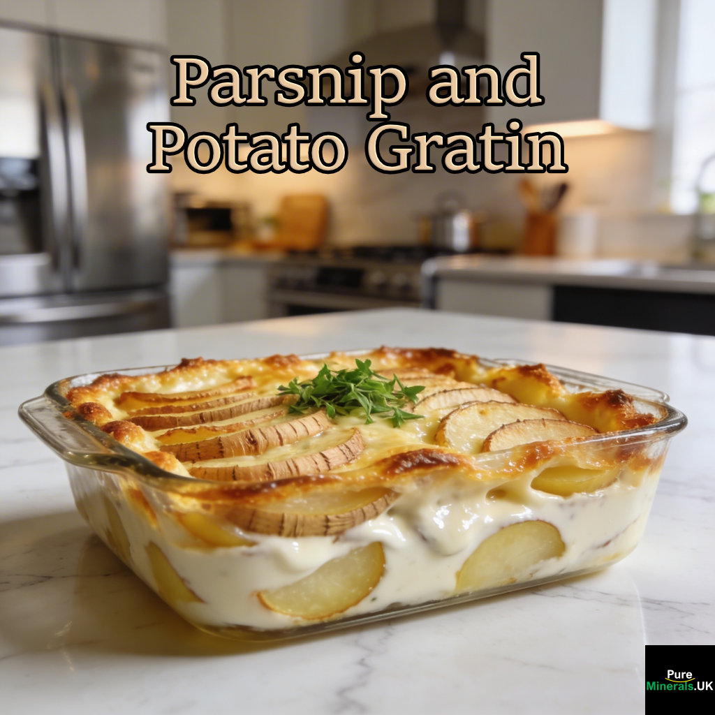 Golden-brown parsnip and potato gratin with a creamy layered interior, baked in a dish and set on a modern kitchen countertop with soft natural lighting.