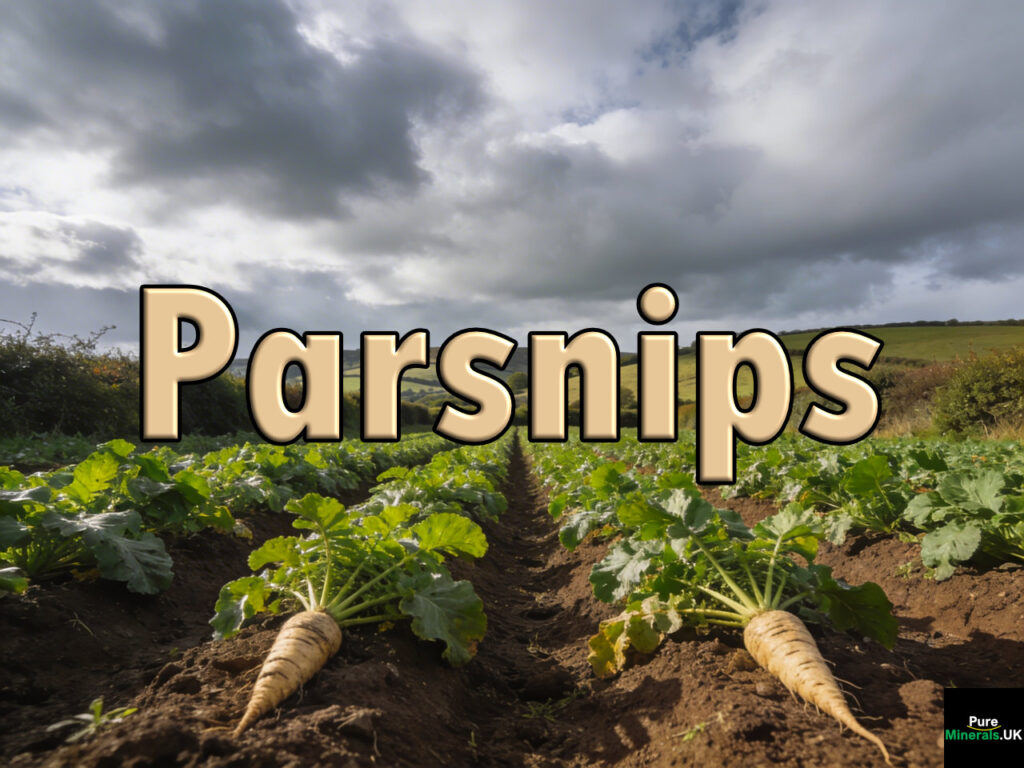 Rows of green parsnips growing in neat lines across a UK farm field under a cloudy sky, with rolling countryside in the background.