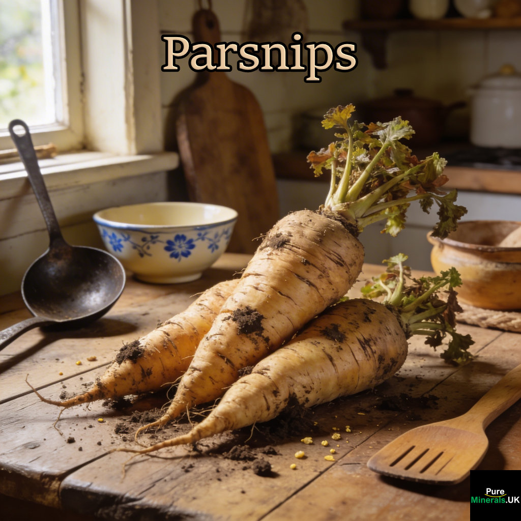Freshly picked parsnips with leafy tops and traces of soil resting on a rustic wooden table in a cozy farmhouse kitchen, lit by soft natural window light.