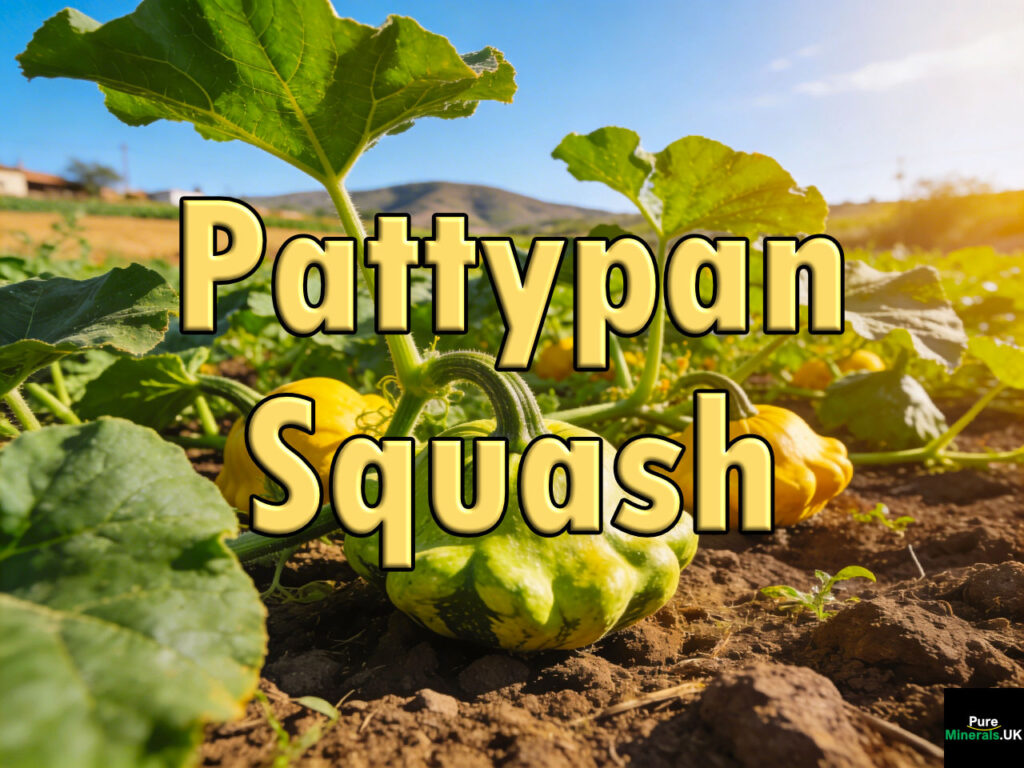 Green and yellow pattypan squash growing among broad leafy plants on a sunlit Mexican farm, with fertile soil and distant hills under a bright blue sky.