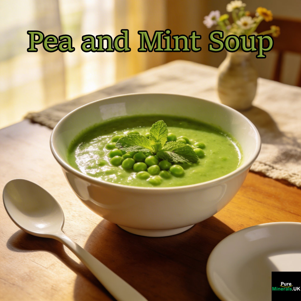A bowl of vibrant green pea and mint soup garnished with fresh mint leaves, placed on a dining table in a softly lit, warm dining room