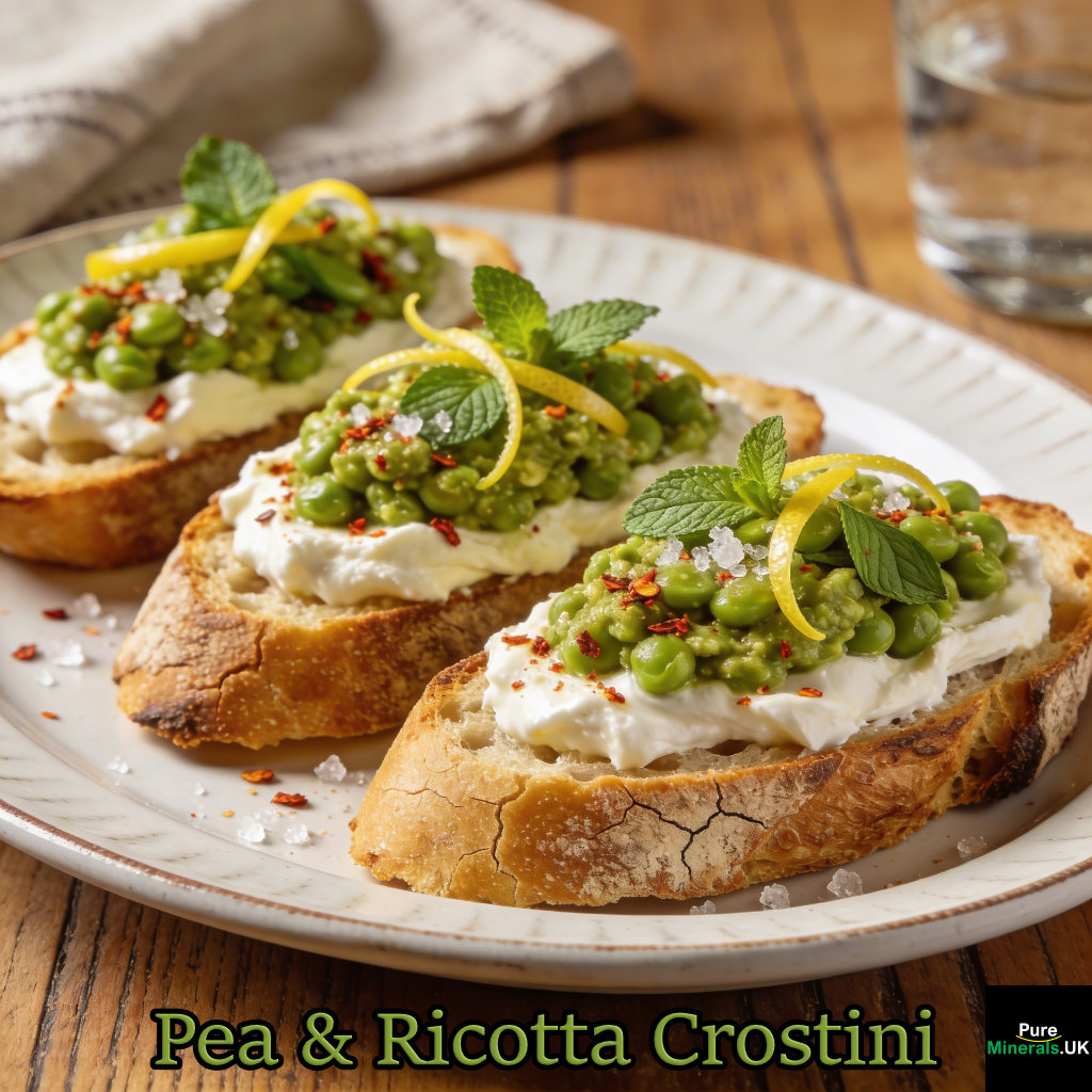 Toasted crostini topped with creamy ricotta and crushed garden peas with mint and lemon zest, arranged on a plate in a softly lit dining room.