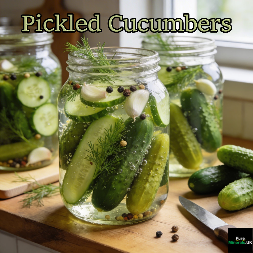 Gherkins and Kirby cucumbers on a kitchen table. The mixture is of vinegar, water, salt, with the aromatics dill and garlic.