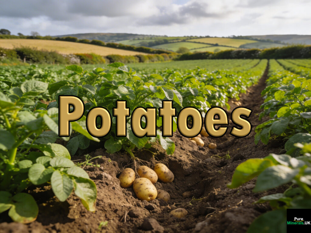 Rows of potatoes with green foliage growing in a UK farm field, with soil mounds and hints of potatoes ready for harvest under a cloudy sky.