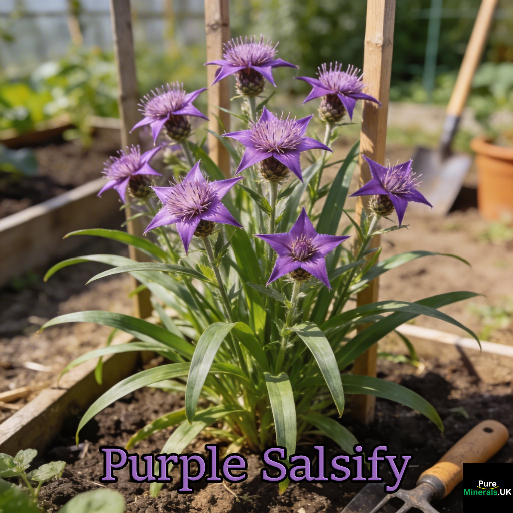 Purple salsify (Tragopogon porrifolius) flowering in an allotment, with long slender green leaves and distinctive purple star-shaped blooms, set among soil beds and garden tools under soft natural daylight.