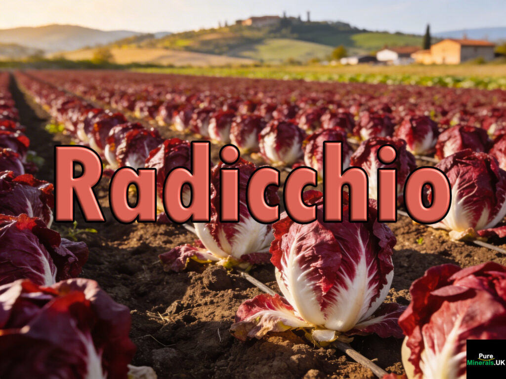 Rows of red and white radicchio heads growing in neat lines on an Italian farm, with countryside hills and warm sunlight in the background.