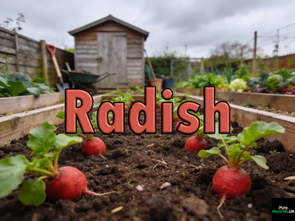 Radish growing in neat rows in a UK allotment, partially visible above rich soil with green leafy tops, surrounded by raised beds, tools, and a small shed under soft overcast daylight.