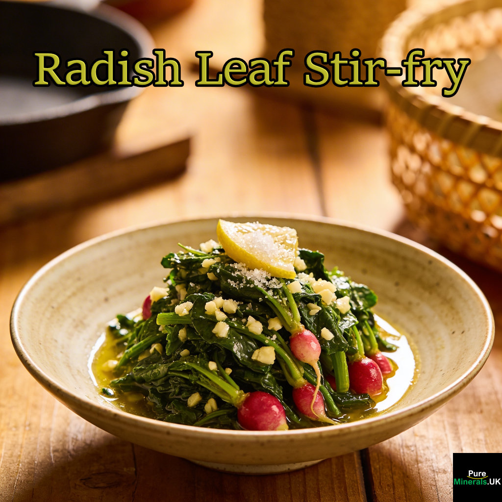 A bowl of radish leaf stir-fry on a kitchen table.
