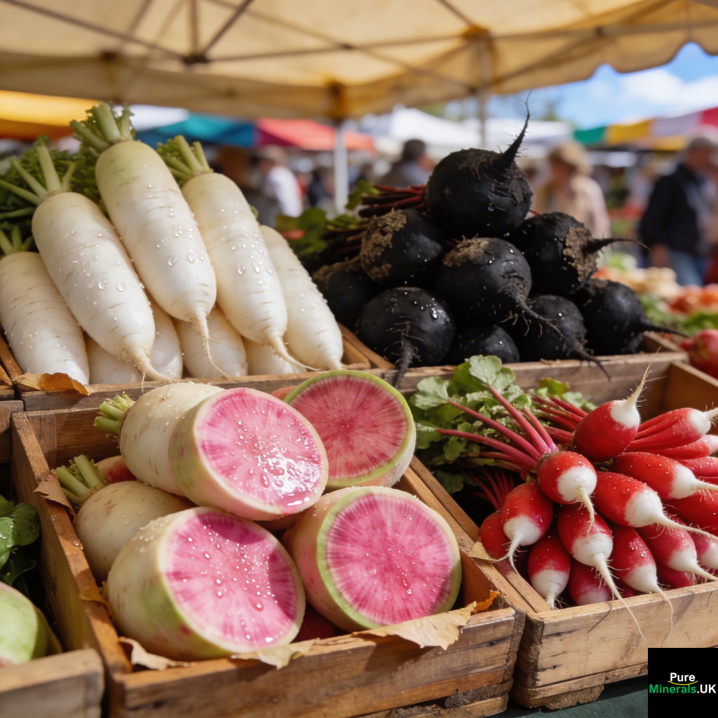 An outdoor market stall displaying assorted radishes, including white daikon, watermelon radishes with pale whitish skin and bright pink interiors (some cut open), black radishes, and French Breakfast radishes arranged in wooden crates under a canopy.
